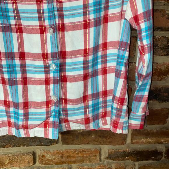 Talbots White Blue Red Metallic Plaid Long Sleeve Button Down Shirt Size Small - Picture 3 of 6